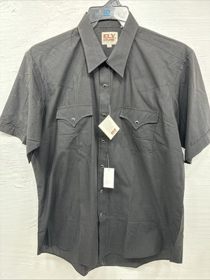 New Men’s ELY Cattleman Black Simple Short Sleeve Pearl Snap 17 XL Q-24