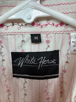 New Women’s White Horse White Red Floral Long Sleeve Pearl Snap Medium YY-58