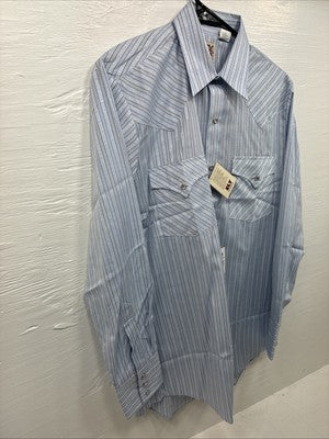 New Men’s ELY Cattleman Blue Stripe Design Long Sleeve Pearl Snap 15 Medium X-99
