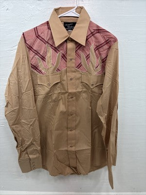 New Men’s Champion Western Brown Pink Plaid Long Sleeve Pearl Snap 16 Large X-36