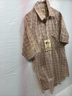 New Men’s ELY Cattleman Tan Plaid Short Sleeve Pearl Snap M R-40