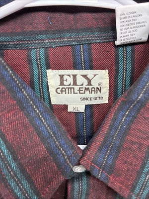 New Men’s ELY Cattleman Red Multicolor Stripe Long Sleeve Pearl Snap XL Q-96