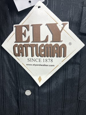 New Men’s ELY Cattleman Black Designed Long Sleeve Pearl Snap 17.5 X 35 XL R-49
