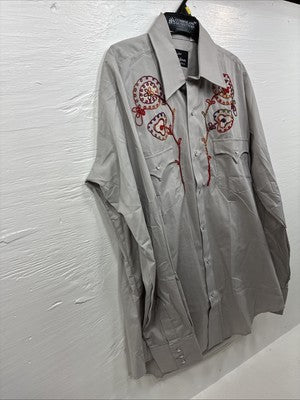 New Men’s Champion Western Gray Embroidered Long Sleeve Pearl Snap Large Q-55
