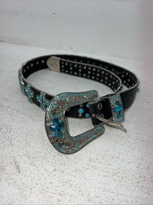 New Black Genuine Leather Blazin Roxx Blue Cross Bling M Belt #N3520401 Z-2