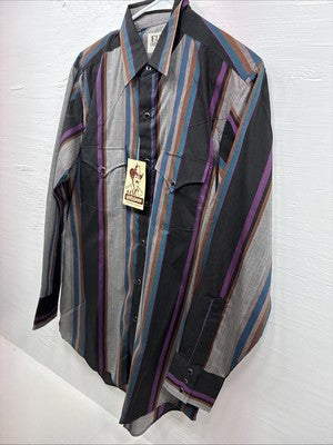 New Men’s ELY Cattleman Multicolor Stripe Long Sleeve Pearl Snap Medium Q-95