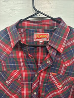New Men’s ELY Plains Red Blue Plaid Long Sleeve Pearl Snap 16.5 Large V-96