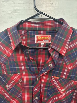 New Men’s ELY Plains Red Blue Plaid Long Sleeve Pearl Snap 16.5 Large V-96
