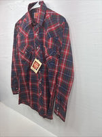 New Men’s ELY Plains Red Blue Plaid Long Sleeve Pearl Snap 14.5 Small T-86