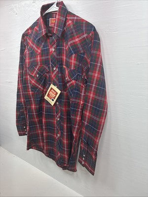 New Men’s ELY Plains Red Blue Plaid Long Sleeve Pearl Snap 14.5 Small T-86