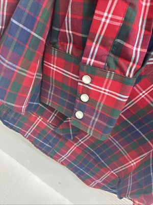 New Men’s ELY Plains Red Blue Plaid Long Sleeve Pearl Snap 16.5 Large V-96