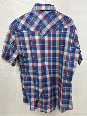 New Men’s ELY Cattleman Blue Multicolor Plaid Short Sleeve Pearl Snap Large Q-93