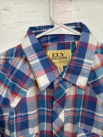 New Men’s ELY Cattleman Blue Multicolor Plaid Short Sleeve Pearl Snap Large Q-93