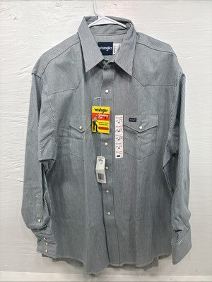 New Men’s Wrangler Blue White Stripe Long Sleeve Pearl Snap 17.5 X 35 XL T-25