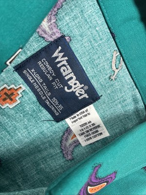 New Men’s Wrangler Teal Western Design Long Sleeve Button Up 16/5 Large T-27