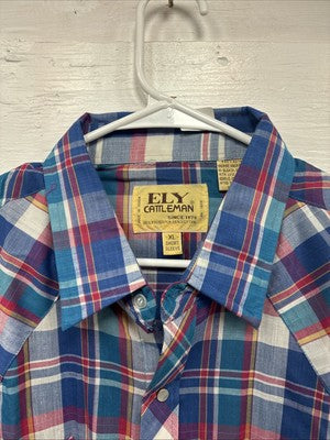 New Men’s ELY Cattleman Blue Multicolor Plaid Short Sleeve Pearl Snap XL M-52