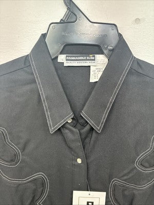 New Women’s Panhandle Slim Black Short Sleeve Pearl Snap Large GG-9