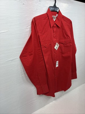 New Men’s ELY Cattleman Western Red Long Sleeve Pearl Snap 16 Large V-44