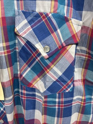 New Men’s ELY Cattleman Blue Multicolor Plaid Short Sleeve Pearl Snap Large Q-93