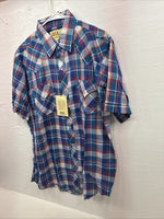 New Men’s ELY Cattleman Blue Multicolor Plaid Short Sleeve Pearl Snap Large X-15
