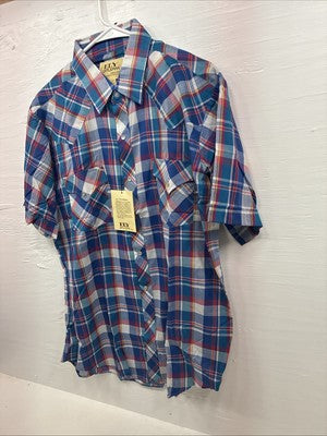 New Men’s ELY Cattleman Blue Multicolor Plaid Short Sleeve Pearl Snap Large X-15
