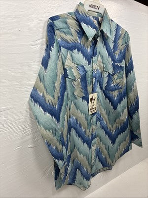 New Men’s ELY Cattleman Blue Green Design Long Sleeve Pearl Snap Medium Q-36
