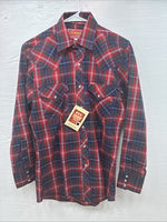 New Men’s ELY Plains Red Blue Plaid Long Sleeve Pearl Snap 14.5 Small T-86