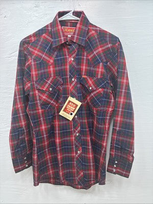 New Men’s ELY Plains Red Blue Plaid Long Sleeve Pearl Snap 14.5 Small T-86
