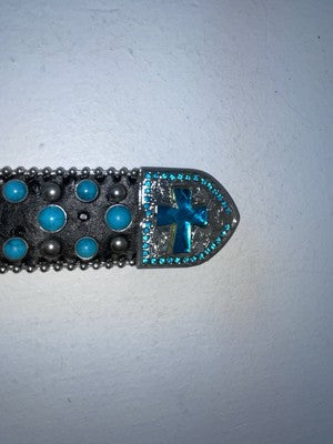 New Black Genuine Leather Blazin Roxx Blue Bling Cross XL Belt #N3520401 Z-78