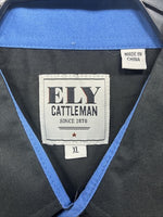 New Men’s ELY Cattleman Blue Black Horse Design Short Sleeve Pearl Snap XL T-17