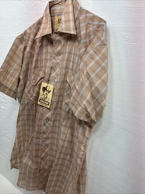 New Men’s ELY Cattleman Tan Plaid Short Sleeve Pearl Snap M R-40