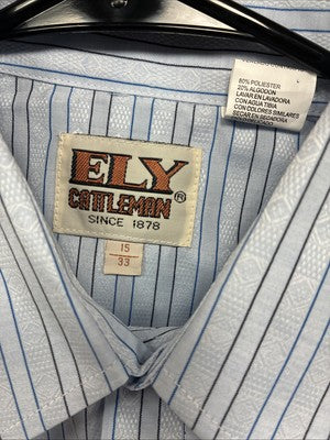New Men’s ELY Cattleman Blue Stripe Design Long Sleeve Pearl Snap 15 Medium X-99