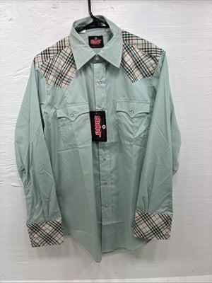 New Men’s Western Shirts Blue Plaid Long Sleeve Pearl Snap 15.5 Medium T-72