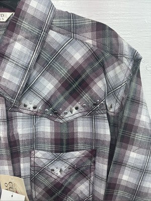 New Women’s Cumberland Purple Plaid Long Sleeve Pearl Snap 2X V-67