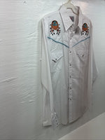 New Men’s ELY Diamond White Western Print Long Sleeve Pearl Snap Large V-35