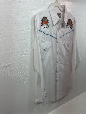 New Men’s ELY Diamond White Western Print Long Sleeve Pearl Snap Large V-35