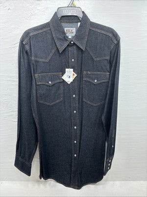 New Men’s ELY Cattleman Dark Jean Style Long Sleeve Pearl Snap Large Q-43
