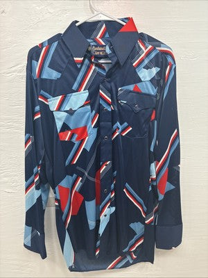 New Men’s Panhandle Slim Blue Red Design Long Sleeve Pearl Snap 15.5 Medium V-73