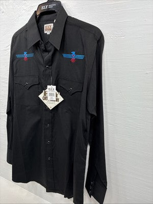 New Men’s ELY Cattleman Black Aztec Design Long Sleeve Pearl Snap Large Q-40