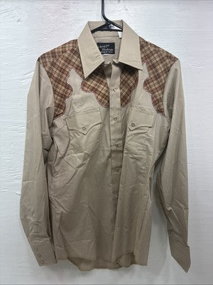 New Men’s Champion Western Brown Plaid Long Sleeve Pearl Snap 15.5 Medium T-73