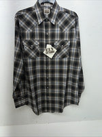 New Men’s Brown Plaid ELY Cattleman Long Sleeve Pearl Snap Shirt. L Tall P-68