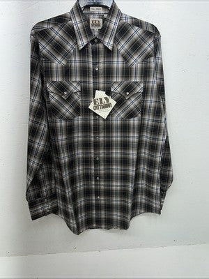 New Men’s Brown Plaid ELY Cattleman Long Sleeve Pearl Snap Shirt. L Tall P-68