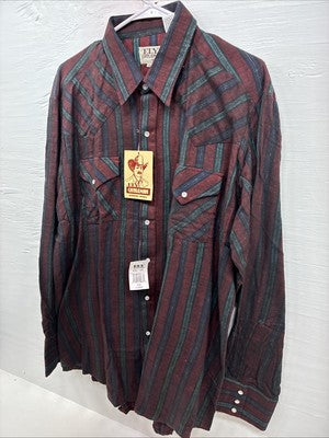 New Men’s ELY Cattleman Red Multicolor Stripe Long Sleeve Pearl Snap XL Q-96