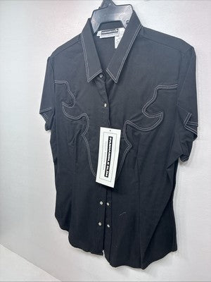 New Women’s Panhandle Slim Black Short Sleeve Pearl Snap Large GG-9