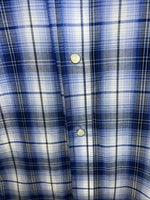 New Men’s Blue Plaid ELY Cattleman Short Sleeve Pearl Snap Shirt. Large P-44