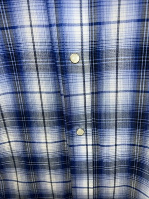 New Men’s Blue Plaid ELY Cattleman Short Sleeve Pearl Snap Shirt. Large P-44