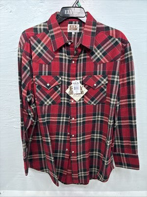 New Men’s ELY Cattleman Red Plaid Long Sleeve Pearl Snap XL O-55