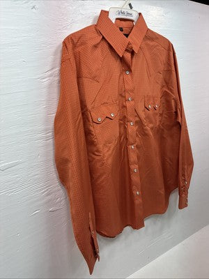 New Men’s White Horse Orange Plaid Long Sleeve Pearl Snap Large Q-41