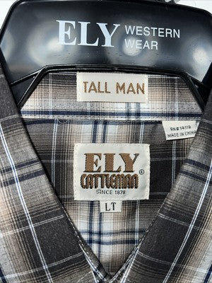 New Men’s Brown Plaid ELY Cattleman Long Sleeve Pearl Snap Shirt. L Tall P-68