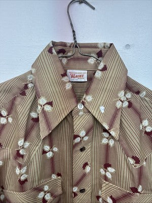 New Men’s ELY Plains Tan Red Floral Long Sleeve Pearl Snap Size 14.5 Small GG-7